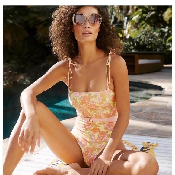 Anthropologie L*Space Lockhart Belted One-Piece Swimsuit Pink Yellow NWT - Picture 7 of 15